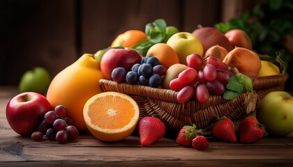 organic seasonal fruits showcased on a rustic wooden surface symbolizing sustainable farming practices
