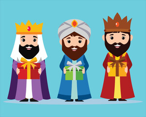 Three kings holding gifts wearing crowns and robes beards