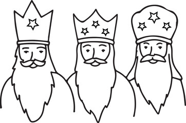 Three kings wearing crowns with stars beards