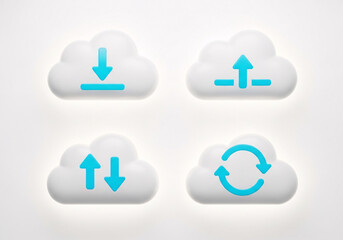 Set of four 3d cloud icons illustrating data transfer operations: download, upload, bidirectional transfer, and synchronization, isolated on white isolated on white background