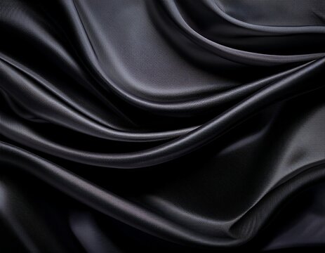 black satin fabric draped in flowing curves on a dark background luxurious fabric texture with subtle ripples and folds