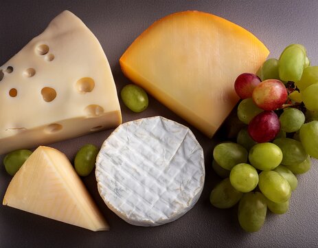 assorted cheeses accompanied by grapes on a flat surface