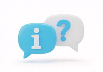 Blue and white speech bubbles with information 'i' and question mark symbols, representing communication and inquiry, isolated on white background. isolated on white background