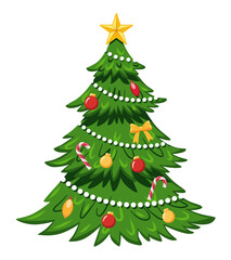Classic Green Christmas Tree Decorated with Ornaments and Garland