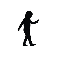 A silhouette of a young child walking with one arm raised on a white background in a studio shot