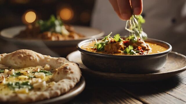Artisan Pizza and Flavorful Curry Served with Fresh Garnishes in a Cozy Setting
