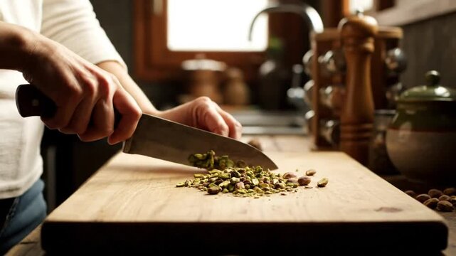 Chopping pistachios on a wooden cutting board with a large kitchen knife in a rustic kitchen setting