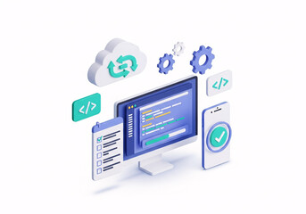 Isometric digital interface with cloud sync, code symbols, gears, and checklist, representing software development and technology integration. isolated on white background