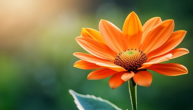 focused view of a vibrant orange flower with a blurred green backdrop and room for text