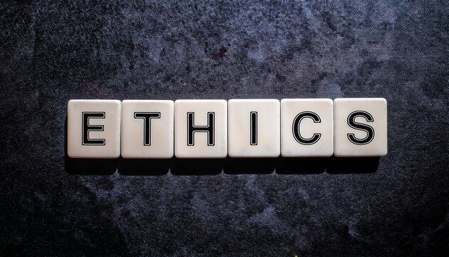white tiles spell out the word ethics in black letters against a dark textured background simple clean concept for moral or professional standards