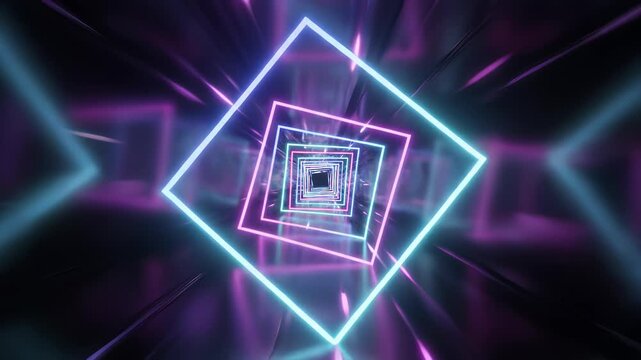 Neon tunnel with glowing square, symbolizing innovation and forward thinking ideas, ideal for looping as 4K UHD animation in seamless loop for backgrounds, presentations, or advertisements.