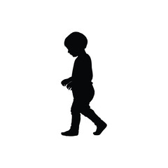 Silhouette of a young child walking with head down on a white background in a studio setting portrait