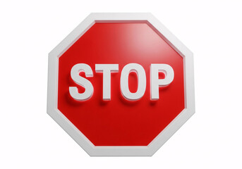 Isolated three-dimensional red stop sign with white border and letters, symbolizing prohibition, warning, and danger. isolated on white background