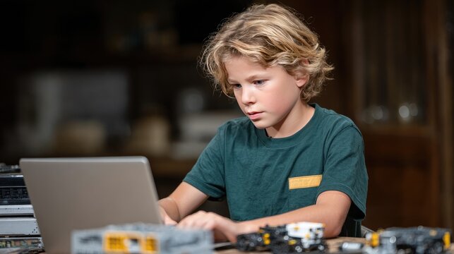 Focused Child Engaging in Online Learning with Laptop at Home