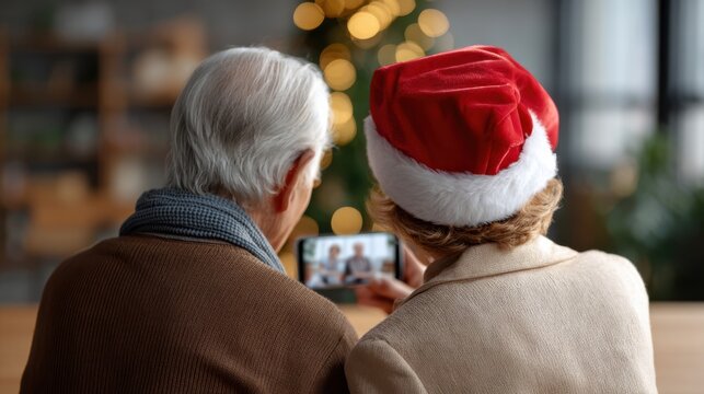 Senior couple watching a Christmas video greeting on phone - Powered by Adobe