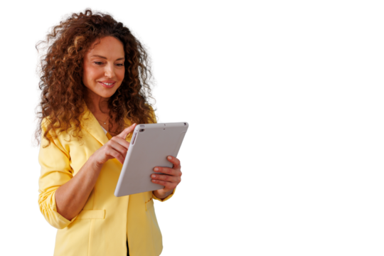 Woman with curly hair using a tablet, smiling and interacting with digital content on transparent background