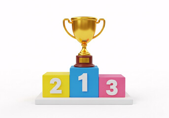 Golden trophy awarded on a victory podium with numbered blocks for first, second, and third place, isolated on a white background. isolated on white background