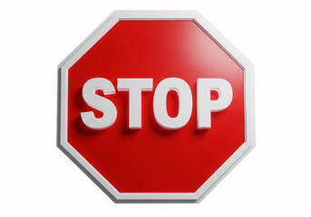 Red octagonal stop sign with white border and white text stop isolated on a white background, clear instruction warning symbol isolated on white background