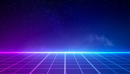 Synthwave vaporwave retrowave cyber background with copy space, laser grid, starry sk