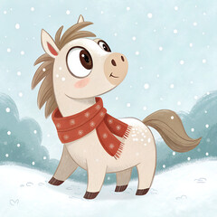 "Cute pastel cartoon horse wearing a tiny red scarf, soft snowfall background, adorable New Year card for kids"