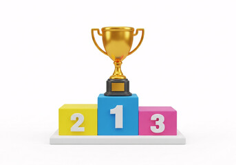 Golden trophy on a winner's podium with first, second, and third place highlighted, symbolizing achievement and success in competition isolated on white background