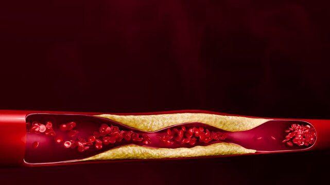 Visual representation of vascular damage, artery clogging, and plaque buildup from junk food, high sugar consumption, processed foods, alcohol abuse, and poor lifestyle choices affecting heart health.
