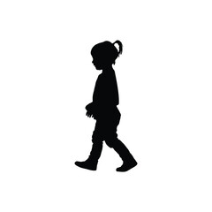 A silhouette of a young child with a ponytail walking to the left on a white background in a studio shot