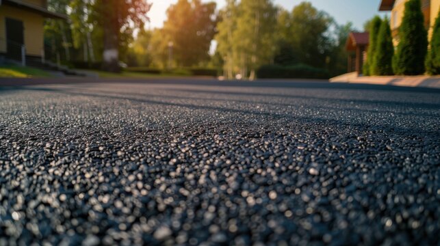 Close-up view of a textured asphalt road with sunlight casting shadows. Green trees and houses are visible in the background, creating a serene suburban scene.