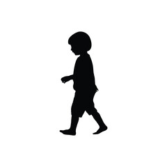 A silhouette of a young child walking barefoot in shorts against a white background in a side view