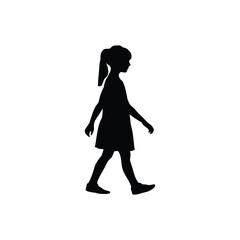 A silhouette of a young girl with a ponytail walking to the right in a dress on a white background