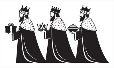 Three kings bearing gifts and crowns robes