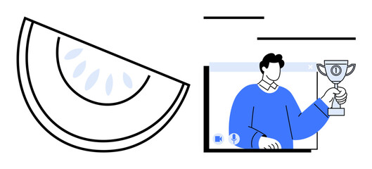 Abstract composition featuring a fruit slice graphic and a character holding a trophy during a video call. Ideal for concepts thumbs up virtual success, remote events, teamwork, motivation, online