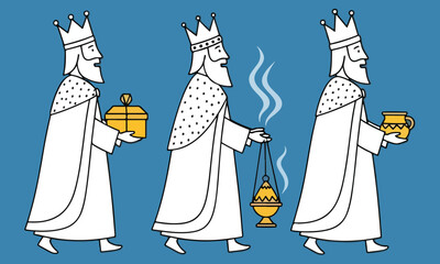 Three kings carrying gifts and incense crowns journey