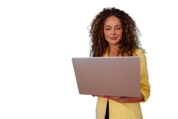 Businesswoman with curly hair working on laptop, representing remote work, online communication and digital connectivity on transparent background