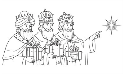 Three kings holding gifts pointing towards star presents