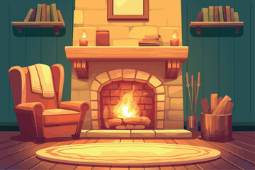 Naklejka premium Cartoon cozy fireplace in the house with furniture, armchairs and bookshelves, winter evening, firewood, vector illustration