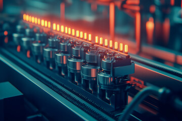 Engine manufacturing section within a car factory, showing the detailed process of engine assembly