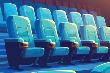 Fototapeta premium Rows of empty cinema seats, movie watching, theater auditorium, drink holders, furniture, vector illustration