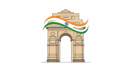 India Gate stands tall in New Delhi, adorned with the national flag, symbolizing patriotism and historical significance on a bright day.
