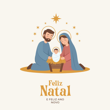 The Holy Family Nativity Scene with Baby Jesus in Manger. Feliz Natal