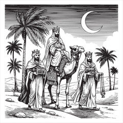 Three Kings Journeying Camel Desert Night vector
