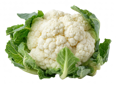 Cauliflower with green leaves, isolated on transparent background, clean minimal composition, farm-fresh produce concept