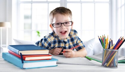 Happy schoolboy student doing homework
