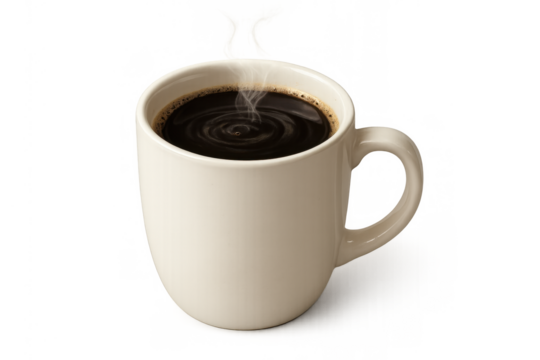 Hot black coffee in a white ceramic mug, emitting steam, isolated with a transparent background for easy use