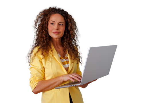 Professional woman in yellow jacket holding and typing on laptop, working, smiling, transparent background
