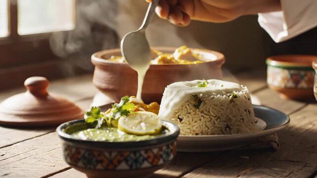Artisanal preparation of steaming hot curd rice served with flavorful curry