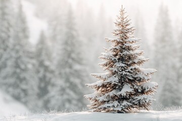 Obraz premium Beautiful Christmas Tree in a Snowy Winter Setting, Festive Holiday Background with Cozy Seasonal Atmosphere