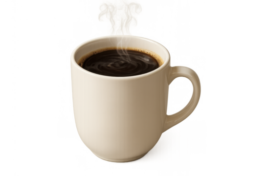 Hot black coffee steaming in a ceramic mug, a refreshing drink for breakfast or a break, providing energy and comfort. Transparent background