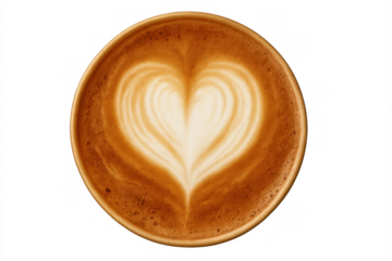 Coffee latte drink with heart shape foam art, top view on transparent background, showing love and care concept