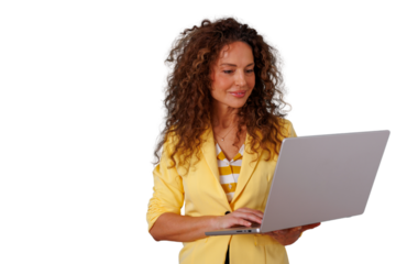Professional businesswoman in yellow blazer working on laptop, managing business remotely, smiling, transparent background